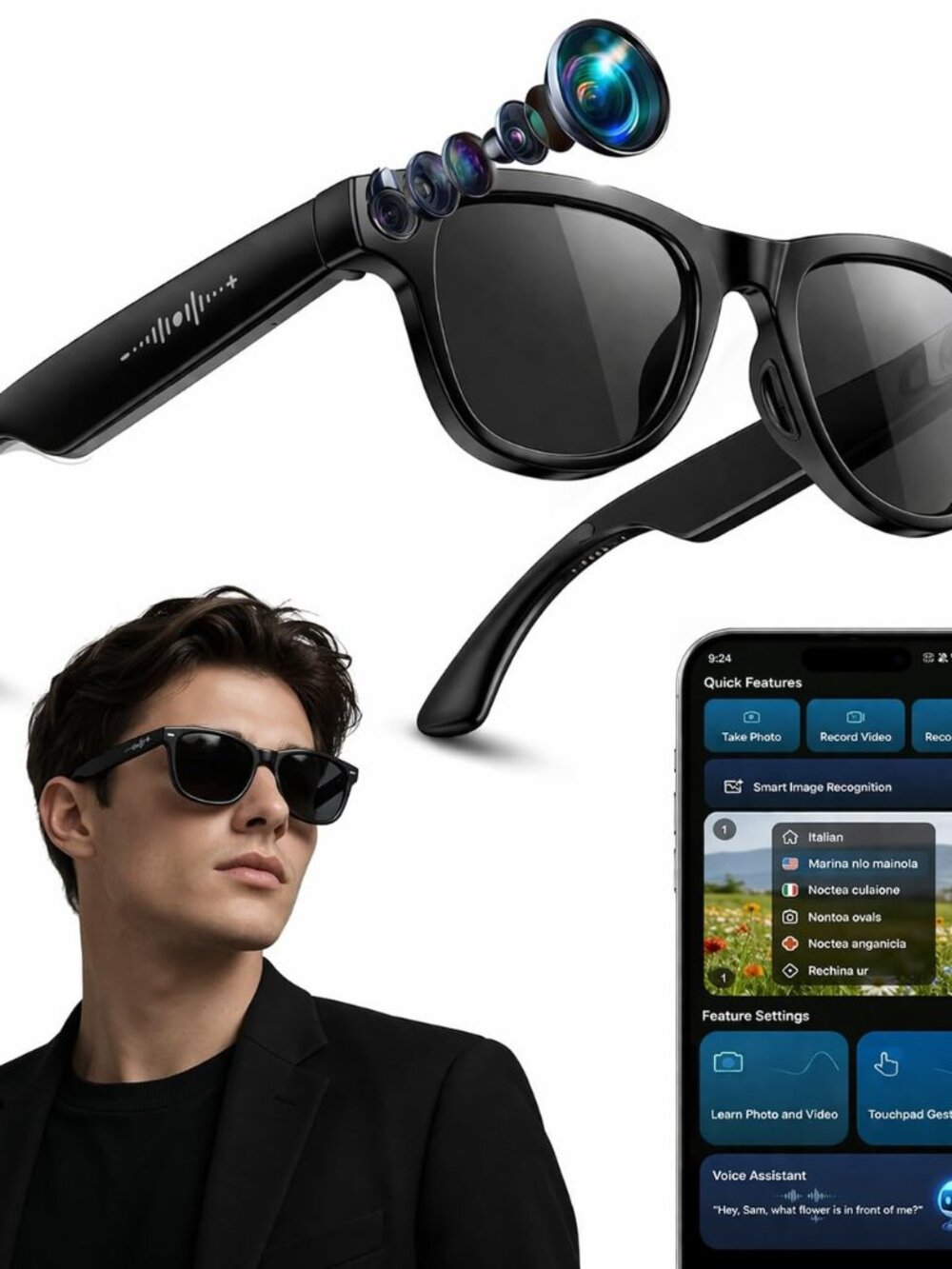 AI Smart Glasses: Camera, Translation, Voice Assistant, Open-Ear, Blue Light Pro